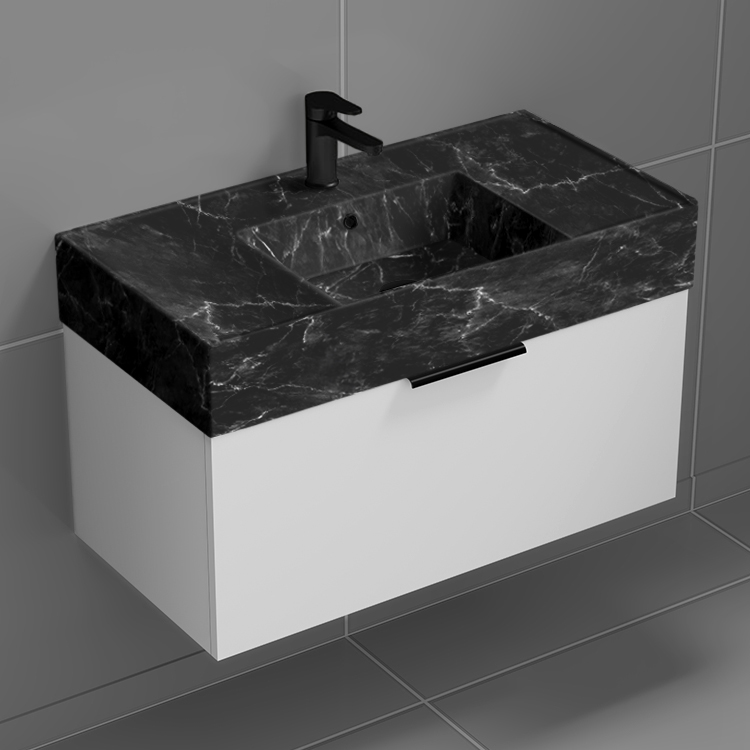 Nameeks DERIN955 32 Inch Black Marble Style Sink Floating Bathroom Vanity, Counter Space, 1 Drawer, Glossy White